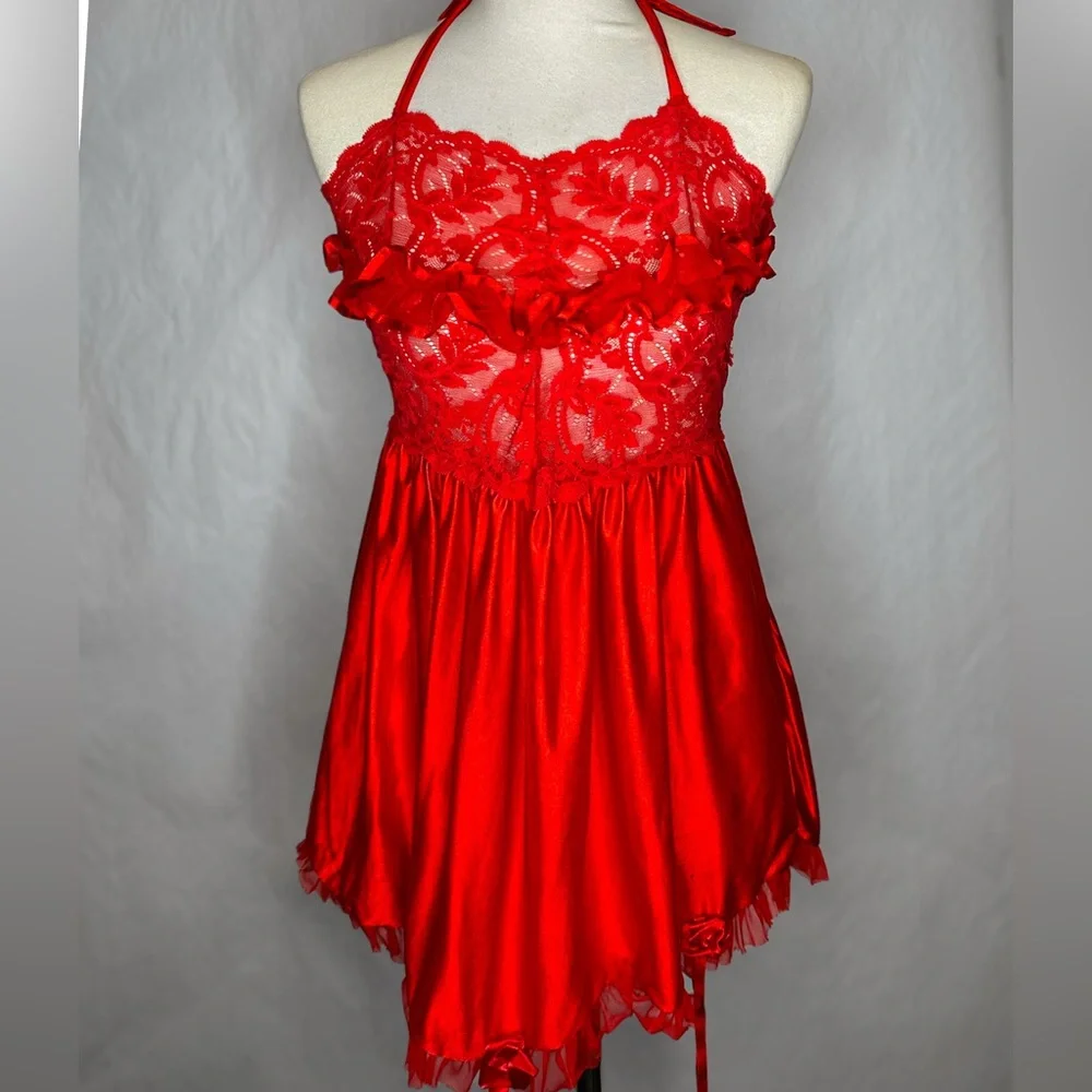 Vintage Red Lace & Satin Babydoll Slip Dress Lingerie Vamp Glamour Valentines - Picture 2 of 15